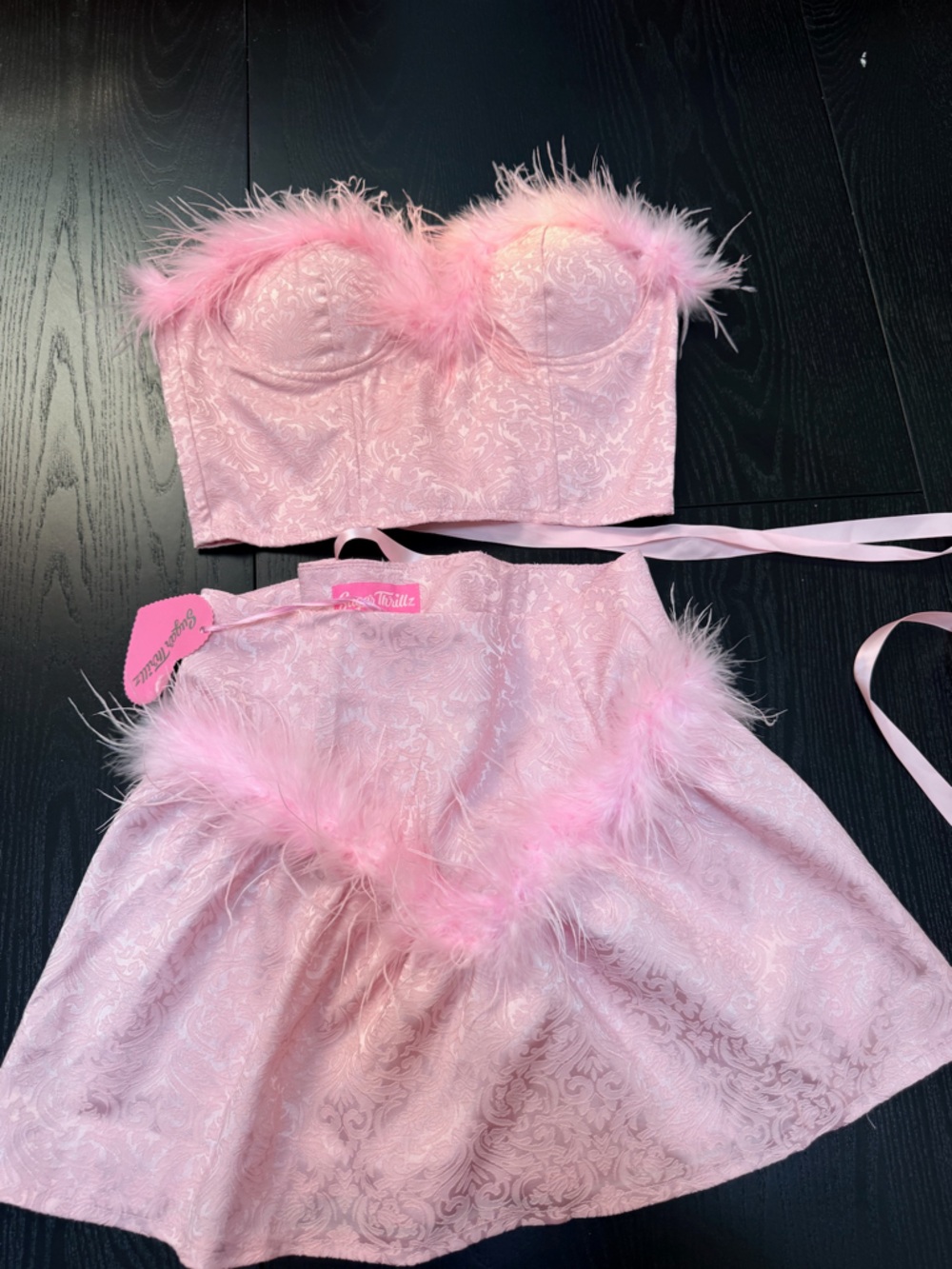Sugar Thrillz Soft Pink Feather-Trim Corset Top & Matching Skirt Set